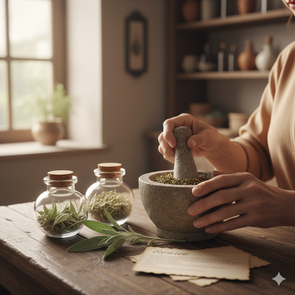 Mortero con hierbas y especias